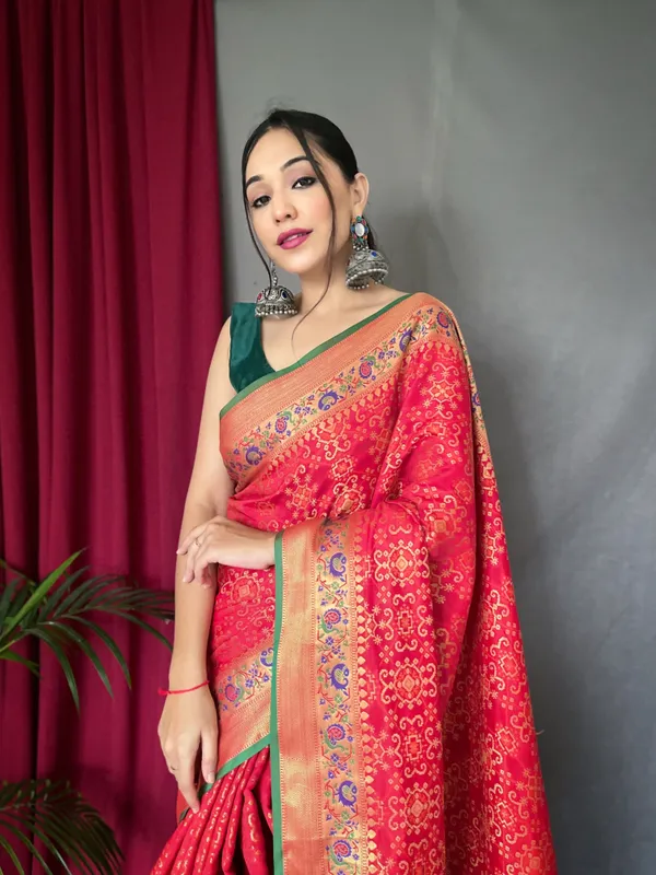 Red_Pure_Bandhej_Patola_Silk_Sarees_with_Minakari_Work_With_Blouse_Piece_Attached